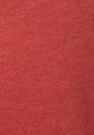 Gebreide stof in een solide koraalkleur, met een zachte textuur en een subtiele heather-effect, gelijkmatig geweven zonder zichtbare patronen of accenten.