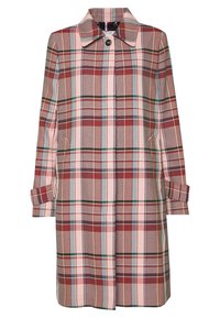 Karierter Mantel in Rosa-, Braun- und Blautönen. Verfügt über einen Kragen, Knopfleiste und hochgekrempelte Ärmel. Hergestellt aus einem strukturierten Stoff.