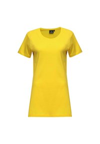 T-shirt di cotone gialla con maniche corte e collo rotondo, caratterizzata da una texture liscia e una vestibilità classica. Nessun motivo o accento visibile.