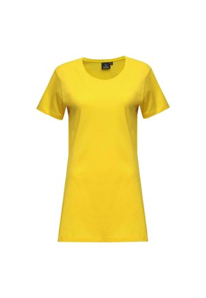 T-shirt di cotone gialla con maniche corte e collo rotondo, caratterizzata da una texture liscia e una vestibilità classica. Nessun motivo o accento visibile.