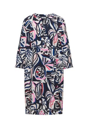 Kauluksellinen polvipituinen mekko, jossa on kolme neljänneksen hihaa ja abstrakteja kukka- ja geometrisia kuvioita laivastonsinisinä, vaaleanpunaisina, valkoisina ja punaisina.
