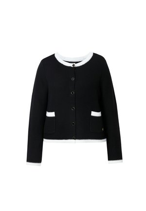 Schwarzer gestrickter Cardigan mit weißem Saum, ausgestattet mit langen Ärmeln, einem runden Ausschnitt, Frontknopfverschluss und zwei vorderen Taschen.