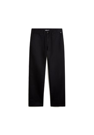 Pantalones de algodón negros con un corte recto, cierre de cremallera y bolsillos frontales. Textura suave, sin patrones visibles y con un hardware mínimo.