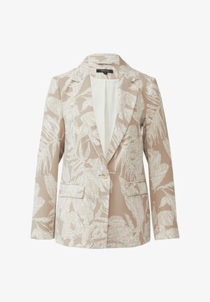 Beiger Blazer mit weißem Blättermuster, zwei vorderen Taschen, Ein-Knopf-Verschluss und geschlitzten Revers. Glattes Material mit dezenter Textur.