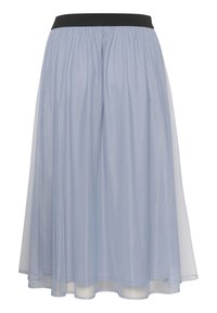 Világoskék, térd hosszúságú szoknya fekete gumis derékkal. Áttetsző anyagból készült, légies fazonja van, és tiered megjelenés jellemzi.