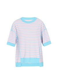 Randig t-shirt i ljusrosa och blått, tillverkad av mjukt tyg. Har rund halsringning och korta ärmar med blå detaljer vid muddar och fåll.