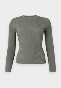 Maglione a maniche lunghe color verde oliva, con una vestibilità aderente, scollo a girocollo e motivo testurizzato. Presenta un piccolo logo sull'orlo.