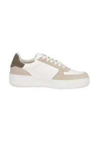White and beige sneaker featuring a smooth leather upper, suede accents, rounded toe, lace-up closure, and textured rubber sole.