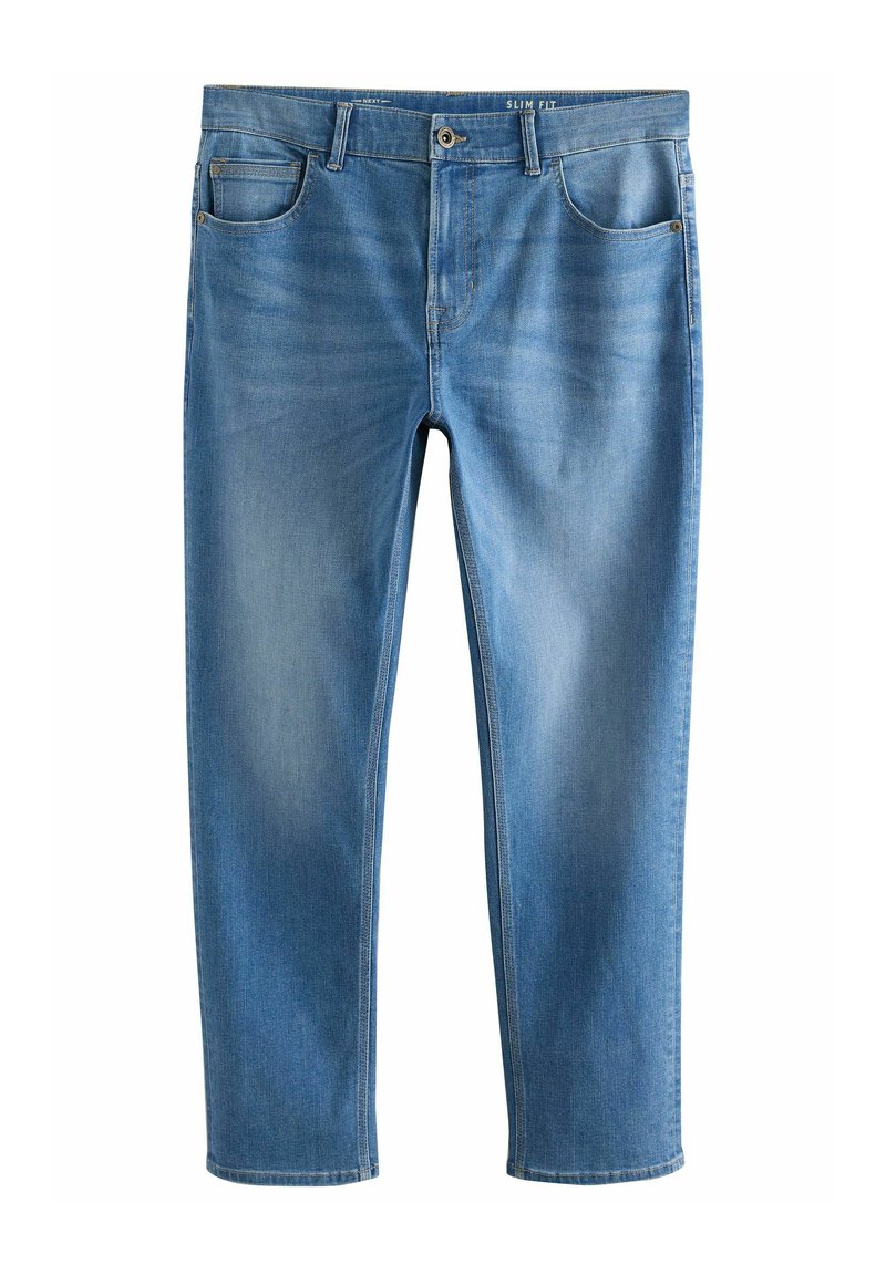 Slim-fit modre kavbojke z rahlo bledim opranjem, pet-pocket dizajnom in zankami za pas. Imajo zadrgo in kovinsko zapiranje na gumb.