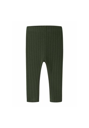 Leggings bébé en maille côtelée vert foncé avec ceinture élastique et jambes jusqu'à la cheville sur fond blanc.