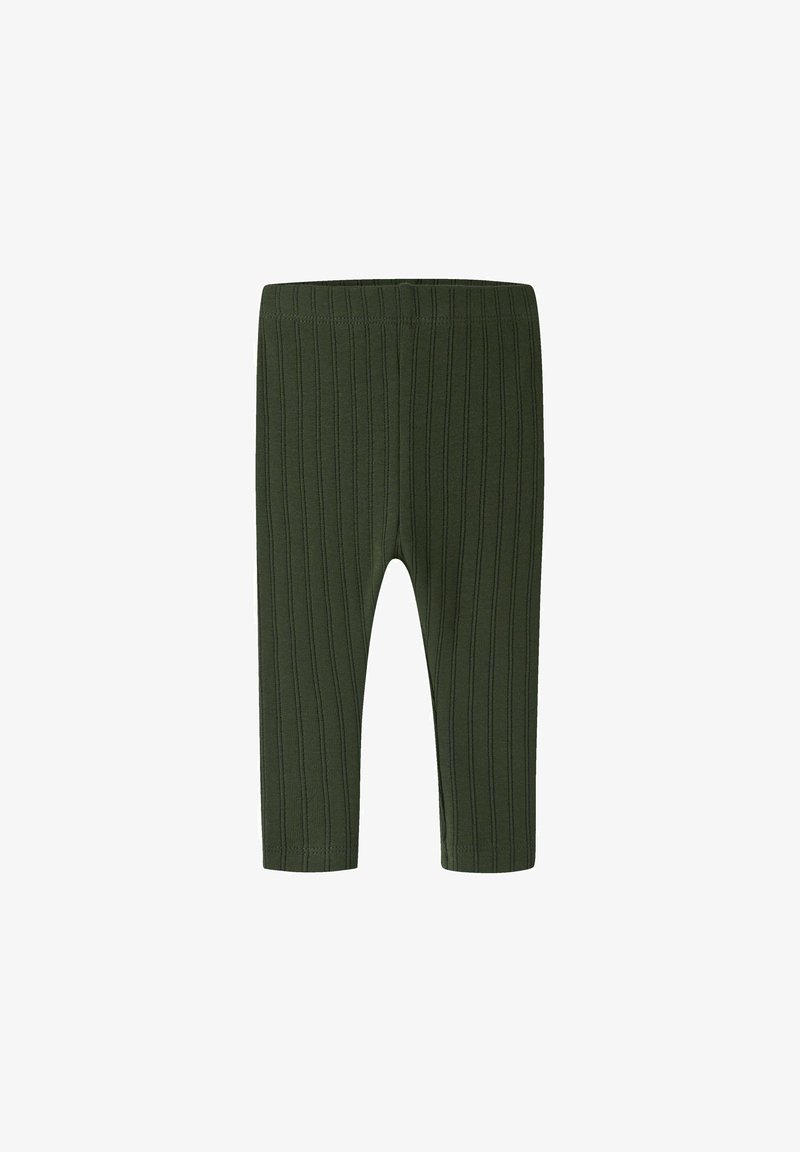 Leggings bébé en maille côtelée vert foncé avec ceinture élastique et jambes jusqu'à la cheville sur fond blanc.