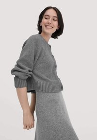 Graue, verkürzte Strickjacke aus gestricktem Stoff, mit Rundhalsausschnitt, gerippten Bündchen und Knopfleiste, kombiniert mit einem grauen Rock.