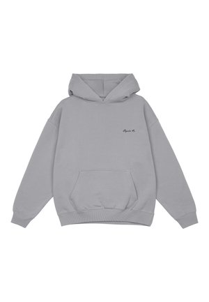 Gray hoodie with a large hood, front pocket, and ribbed cuffs. Features a subtle logo in black on the left chest area. Soft fabric texture.