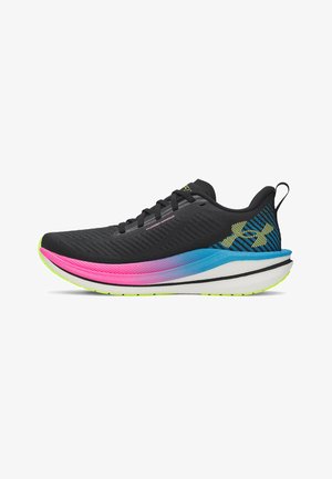 Black athletic shoe with a textured upper, featuring a pink-to-blue gradient midsole and neon green accents. Lightweight design with laces.