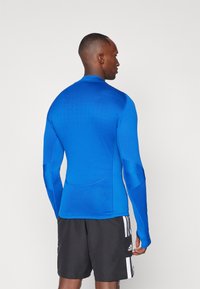 Langermet treningstrøye i lys blå, laget av et glatt, strukturert stoff. Har et tettsittende design med sømløse detaljer på skuldre og armer.