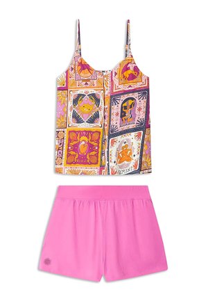 Dvoudílná plavková souprava se sladkým vzorem na tílku s astrologickými motivy a hebkými růžovými šortkami s elastickým pasem.