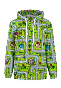 Hoodie s vibrantnom zelenom pozadinom koja prikazuje dizajn ceste, uključujući ilustracije kuća, drveća i puteva.