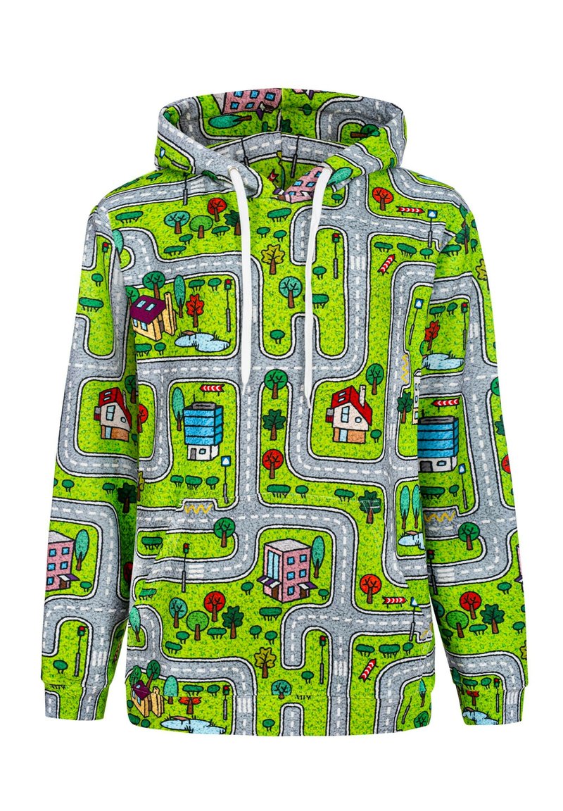 Hoodie s vibrantnom zelenom pozadinom koja prikazuje dizajn ceste, uključujući ilustracije kuća, drveća i puteva.