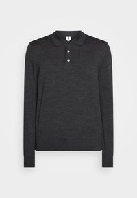 Mörkgrå långärmad pikétröja av mjukt tyg med krage och treknappssprund utan mönster eller detaljer.