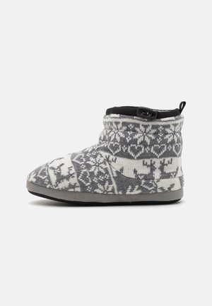 Gray and white patterned knitted slipper with a soft fabric upper, low ankle height, and black accent around the opening. Flat rubber sole.