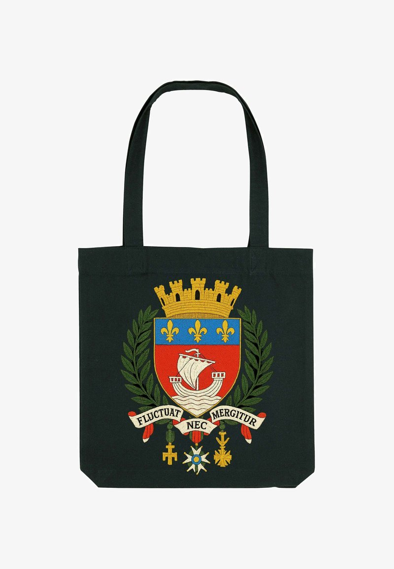 Sac en tissu noir avec un blason brodé représentant un navire, des couronnes et des feuilles de laurier. Le texte dit "FLUCTUAT NEC MERGITUR."