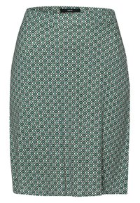 Jupe crayon taille haute avec un motif géométrique bleu canard et blanc, et une petite étiquette noire au niveau de la taille portant l'inscription "zero."