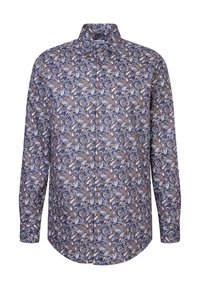 Chemise homme à manches longues à boutons avec un motif paisley bleu et marron complexe et un col classique.
