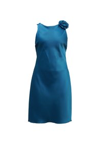 En ermøldig teal kjole uten ermer med en tettsittende fasong, jevn satengtekstur og en blomst pyntet på den ene skulderen.