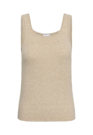 Beżowy top na ramiączkach z miękkiego, teksturowanego dzianinowego materiału, z kwadratowym dekoltem i szerokimi ramiączkami. Bez widocznych wzorów ani metalowych ozdób.