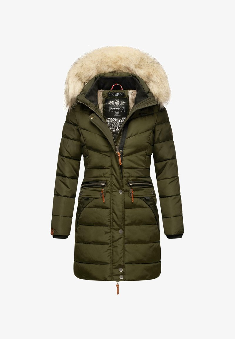 Olive green, padded winter coat with fur-lined hood, zippered front, elastic cuffs, and two front pockets with button accents.