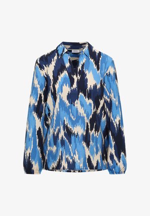 Langærmet bluse med krave, V-hals og elastiske manchetter, med et abstrakt zigzag-mønster i blå, navy og creme.