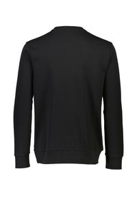 Sudadera negra de manga larga con cuello redondo, puños y dobladillo de canalé. Textura suave y diseño minimalista sin patrones ni acentos visibles.