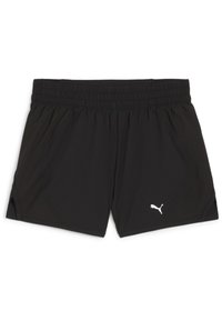 Čierne športové šortky s elastickým pásom, bočnými vreckami a textúrovanou látkou. Na dolnom pravom rohu sa nachádza biele logo Puma.