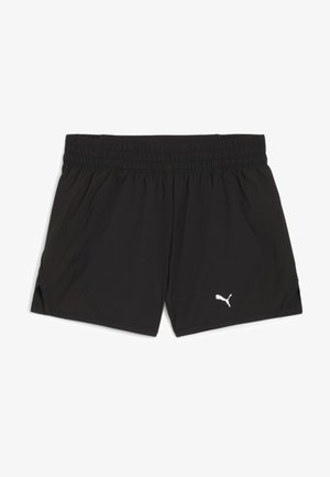 Črne športne hlače z elastičnim pasom, stranskimi žepi in teksturirano tkanino. Imajo belo Puma logo na spodnjem desnem delu.