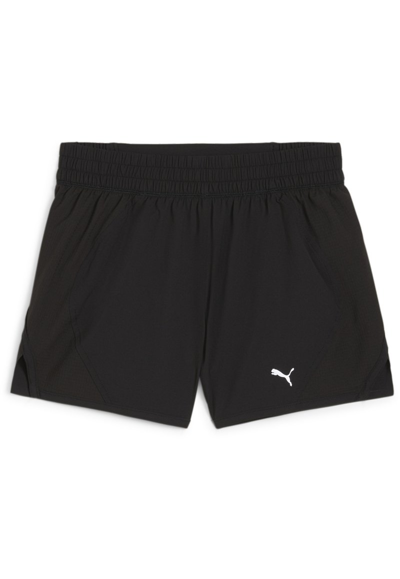 Čierne športové šortky s elastickým pásom, bočnými vreckami a textúrovanou látkou. Na dolnom pravom rohu sa nachádza biele logo Puma.