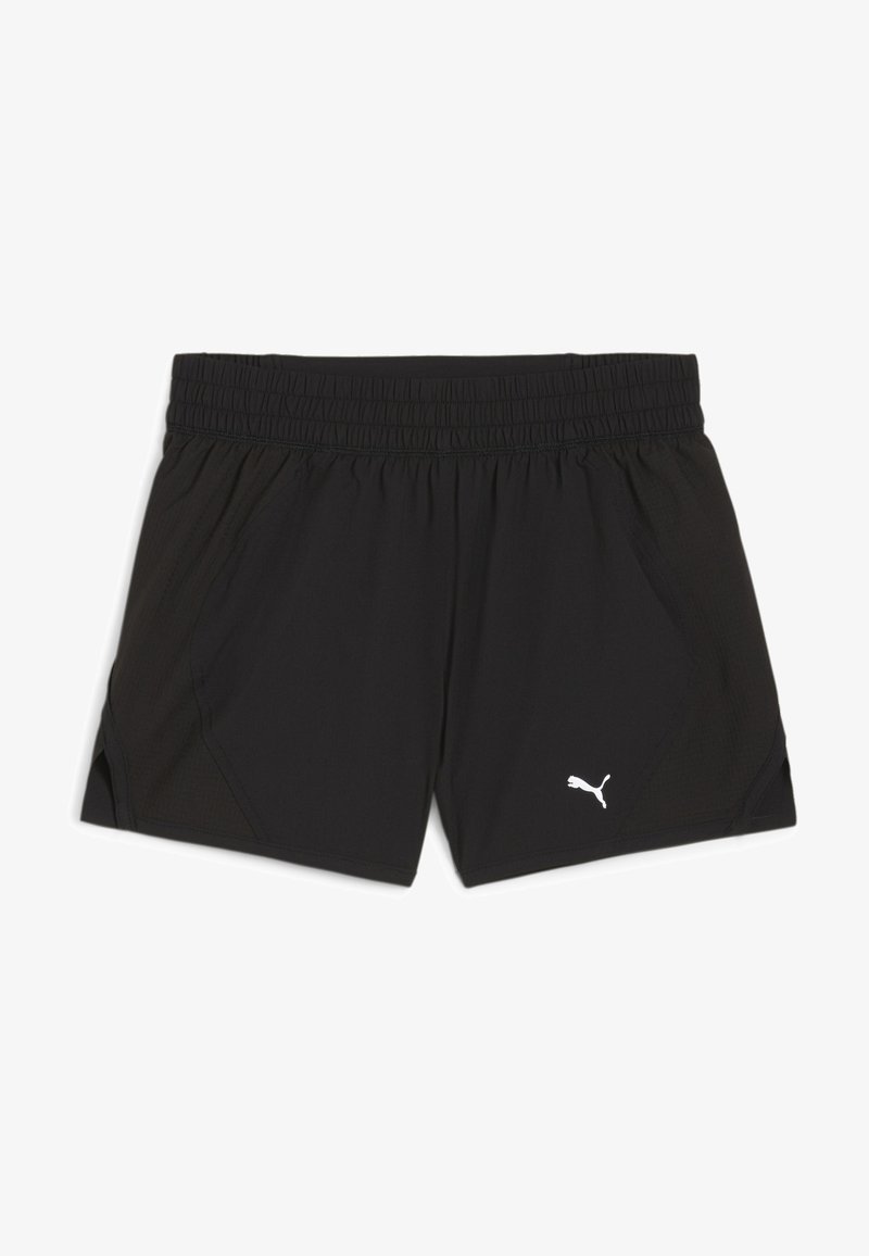 Čierne športové šortky s elastickým pásom, bočnými vreckami a textúrovanou látkou. Na dolnom pravom rohu sa nachádza biele logo Puma.