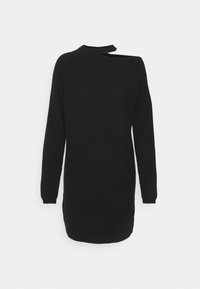 Robe pull en maille noire à manches longues avec une texture côtelée et une petite découpe près de l'encolure ronde.