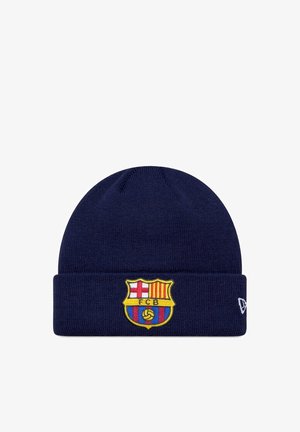 Navy blue knit beanie with folded cuff featuring the FC Barcelona crest and a small white New Era logo on the side.