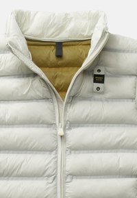 Gilet imbottito grigio chiaro con design a righe orizzontali, chiusura con zip e un interno giallo a contrasto. Presenta una patch con etichetta vicino alla cerniera.