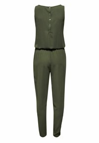 Olijfgroene jumpsuit met mouwloze top, knoopdetail bij de halslijn en elastische tailleband. Glad materiaal met rechte pijpen.