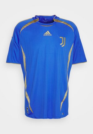 Camisa deportiva azul con acentos dorados, mangas cortas, escote redondo y rayas verticales. Presenta el logotipo de adidas y el emblema de la Juventus.