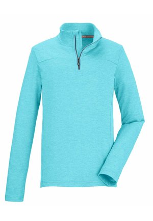 Helles blaues Pullover-Oberteil mit langen Ärmeln, halbem Reißverschluss und strukturiertem Strickstoff. Verfügt über kontrastierende Reißverschluss-Details.