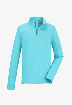 Helles blaues Pullover-Oberteil mit langen Ärmeln, halbem Reißverschluss und strukturiertem Strickstoff. Verfügt über kontrastierende Reißverschluss-Details.