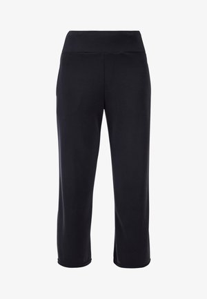 Zwarte sportbroek gemaakt van gladde, rekbare stof. Middelhoge tailleband en verkorte lengte met subtiel gestikte naden en afgeronde zomen.