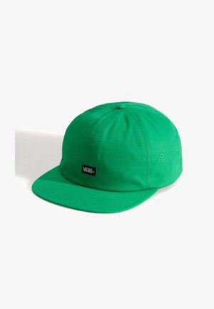 Grøn snapback-kasket lavet af bomuld, med en flad skygge og et sort Vans-logo på forsiden. Glat stofstruktur, struktureret form.