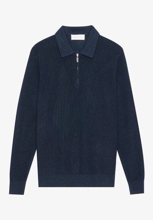 Ciemnoniebieski dzianinowy longsleeve polo z ryżowym splotem i krótkim srebrnym zamkiem w kołnierzyku.