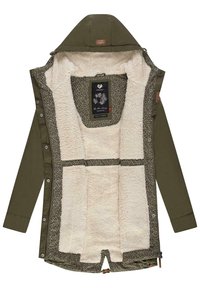 Grön isolerad jacka med foder av konstigt päls. Har en huva, tryckknappar och mönstrade tygaccenter. Vändbar design.