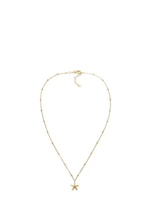 Delikat gyldent kædehalskæde med små runde perler og en søstjerneformet vedhæng med teksturerede detaljer.