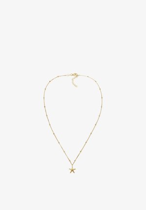 Zarte goldene Halskette mit kleinen runden Perlen und einem seesternförmigen Anhänger mit strukturierten Details.