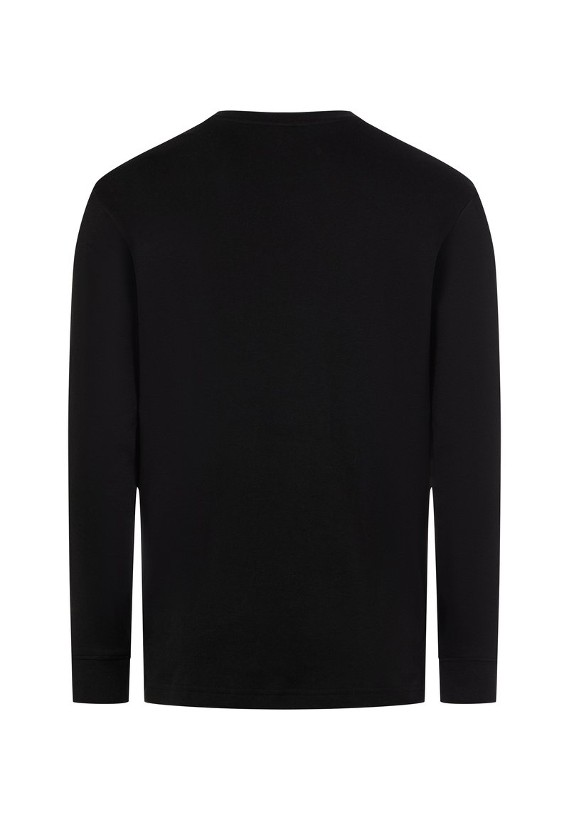Maglietta nera a maniche lunghe in cotone. Presenta una scollatura rotonda e un taglio dritto con maniche lunghe. Texture liscia, senza motivi o decorazioni.
